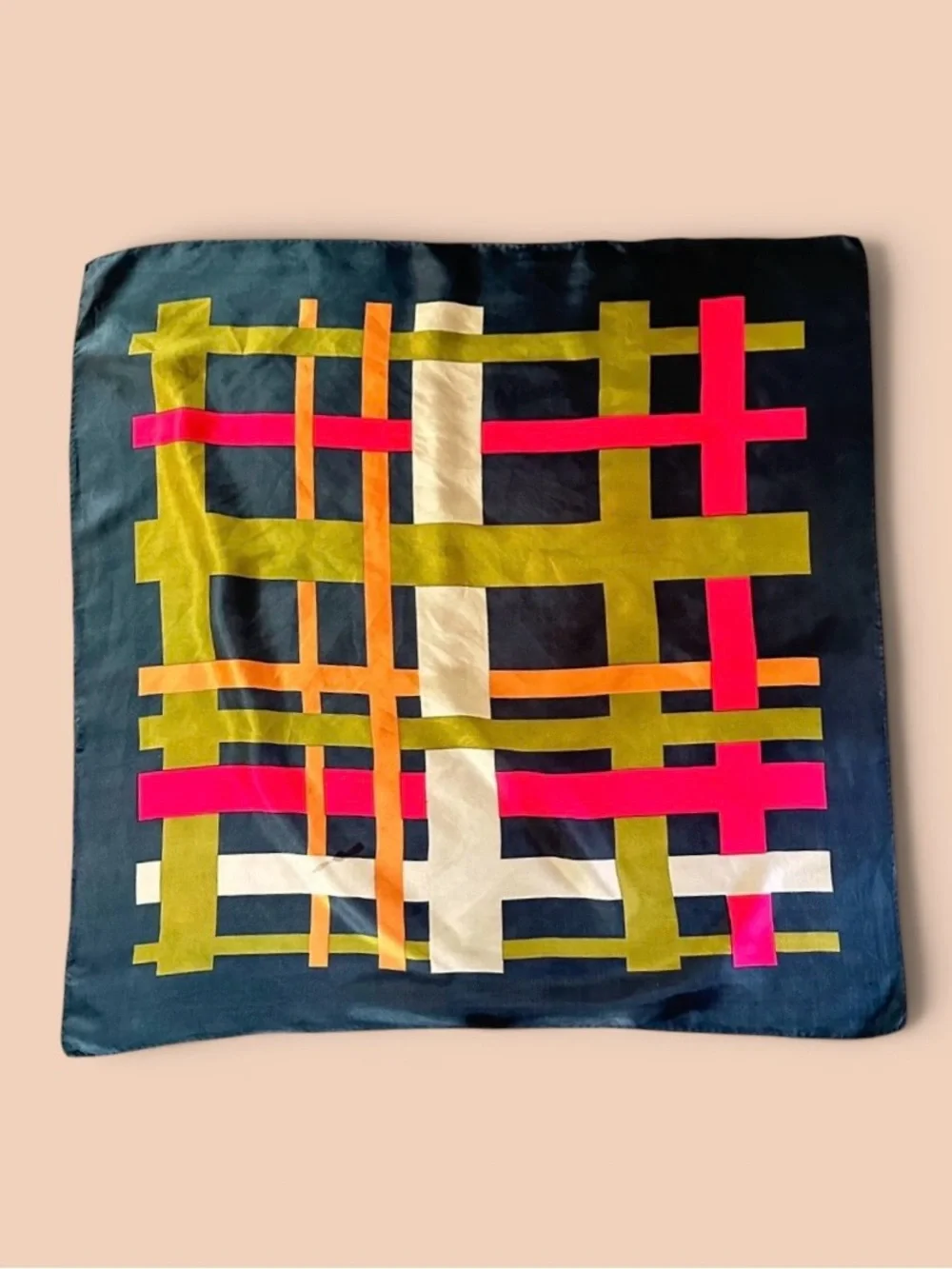 Vintage Geometric Plaid Square Silken Scarf, Likely Givenchy or Echo (26”)